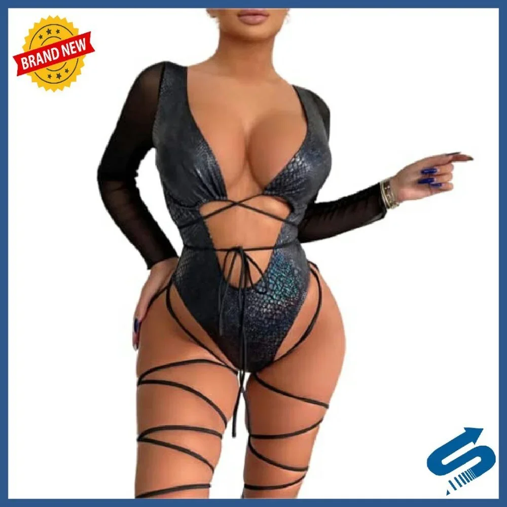 Sheer Long Sleeve Bodysuit with Front Buckle Cut Out Snakeskin Print - Picture 5 of 7